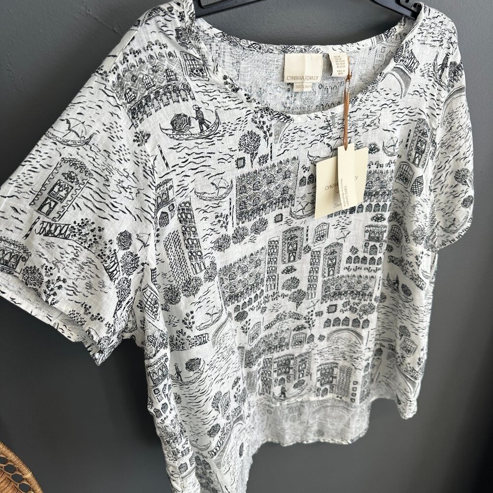 Cynthia‎ Rowley 100% Linen Womens 2X Florence Italy Print Top Romance European - Picture 2 of 7